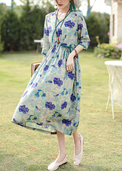 Elegant Blue Print Pockets Drawstring Cotton Dress Half Sleeve JH003 MMDM-SDL240717