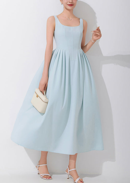 Elegant Blue Square Collar High Waist Spaghetti Strap Dress Sleeveless AM1018 Genistyle Shop