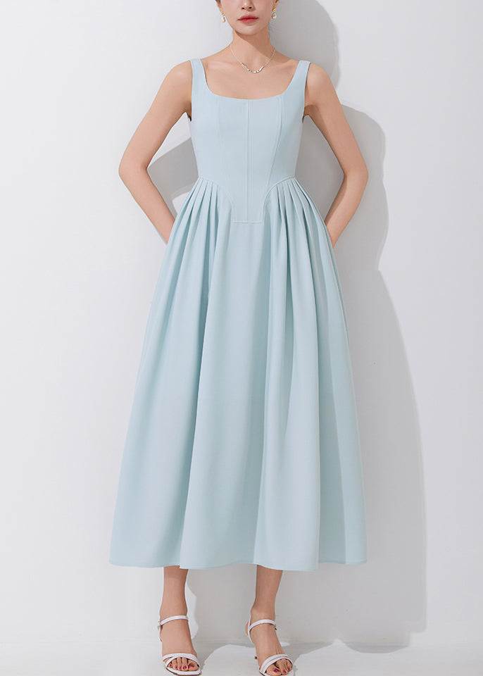 Elegant Blue Square Collar High Waist Spaghetti Strap Dress Sleeveless AM1018 Genistyle Shop