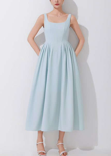 Elegant Blue Square Collar High Waist Spaghetti Strap Dress Sleeveless AM1018 Genistyle Shop