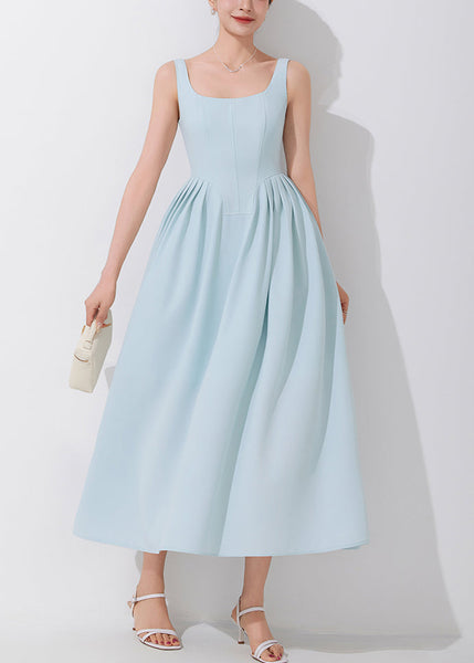 Elegant Blue Square Collar High Waist Spaghetti Strap Dress Sleeveless AM1018 Genistyle Shop