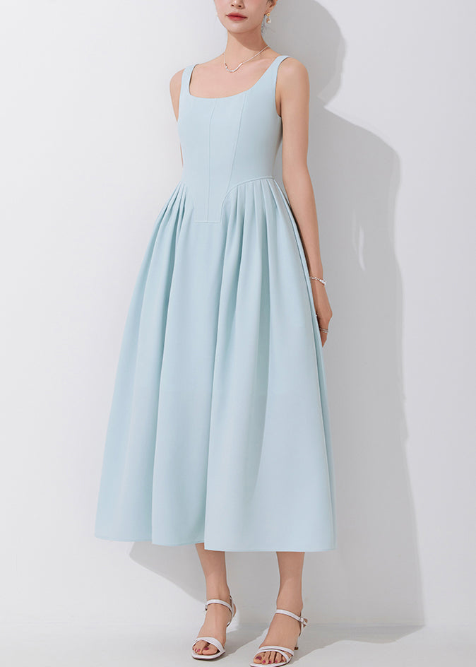 Elegant Blue Square Collar High Waist Spaghetti Strap Dress Sleeveless AM1018 Genistyle Shop