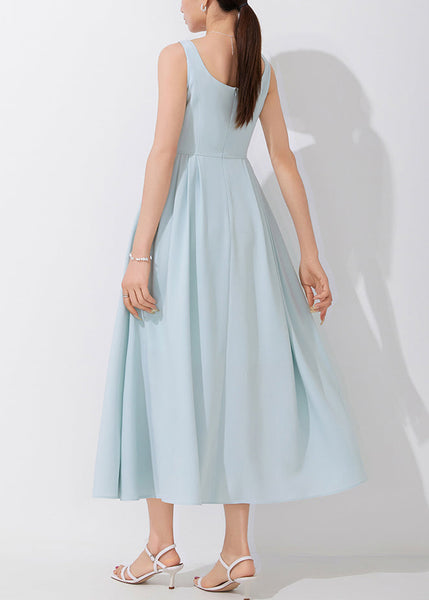 Elegant Blue Square Collar High Waist Spaghetti Strap Dress Sleeveless AM1018 Genistyle Shop