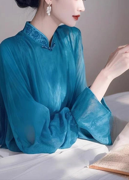Stand Spring Elegant Collar Shirts Chiffon Blue FashionChic