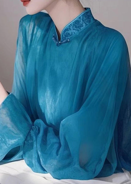 Stand Spring Elegant Collar Shirts Chiffon Blue FashionChic