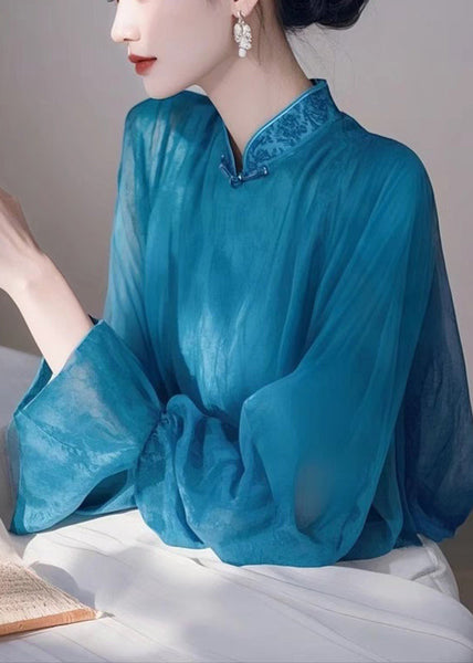Stand Spring Elegant Collar Shirts Chiffon Blue FashionChic