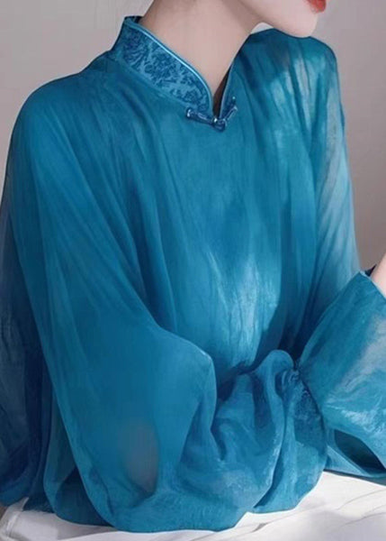 Stand Spring Elegant Collar Shirts Chiffon Blue FashionChic