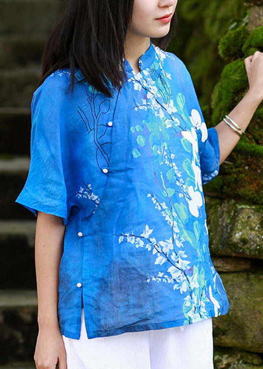 Elegant Blue Stand Collar Print Side Open Shirt Short Sleeve VB1024 Ada Fashion