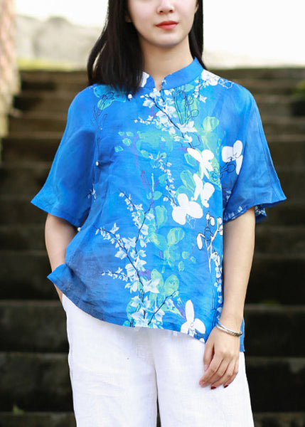 Elegant Blue Stand Collar Print Side Open Shirt Short Sleeve VB1024 Ada Fashion