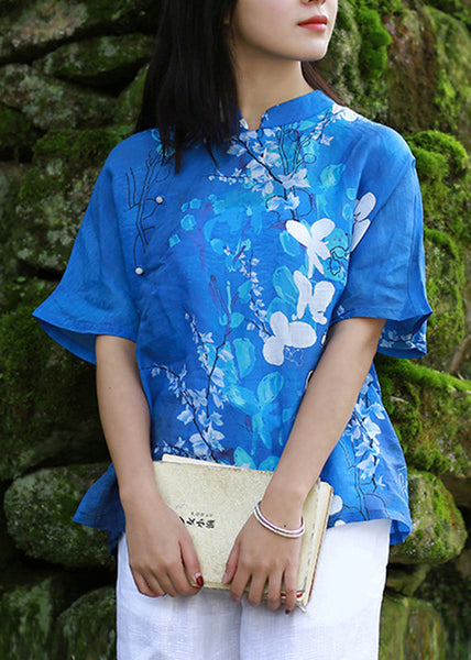 Elegant Blue Stand Collar Print Side Open Shirt Short Sleeve VB1024 Ada Fashion
