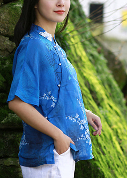 Elegant Blue Stand Collar Print Side Open Shirt Short Sleeve VB1024 Ada Fashion