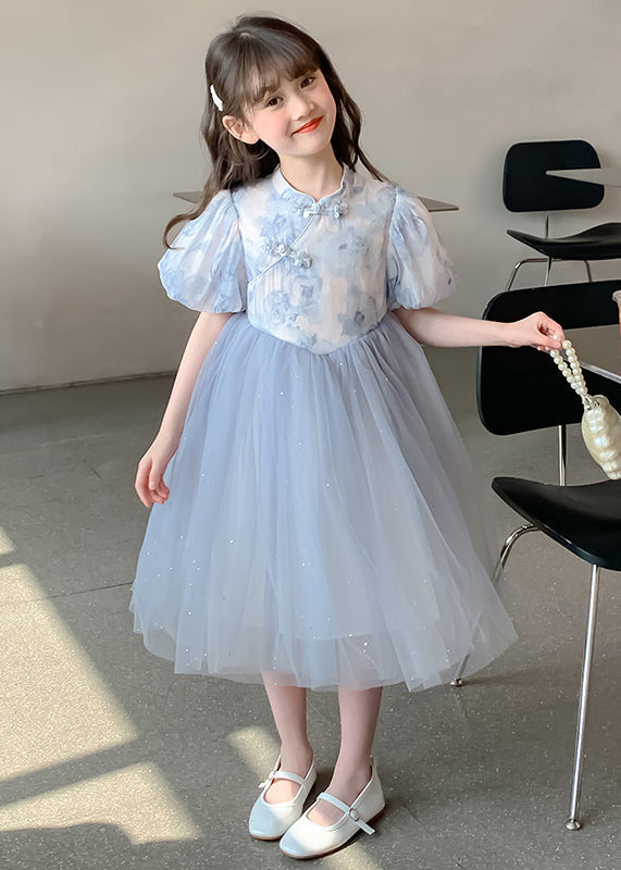 Elegant Blue Stand Collar Print Tulle Patchwork Girls Dress Summer TT038 WS-JRTZSDGL240817