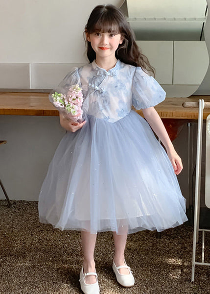 Elegant Blue Stand Collar Print Tulle Patchwork Girls Dress Summer TT038 WS-JRTZSDGL240817