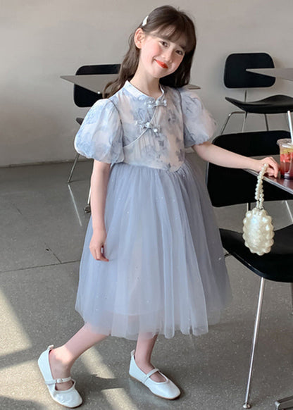 Elegant Blue Stand Collar Print Tulle Patchwork Girls Dress Summer TT038 WS-JRTZSDGL240817