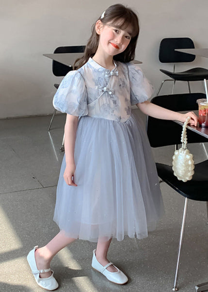 Elegant Blue Stand Collar Print Tulle Patchwork Girls Dress Summer TT038 WS-JRTZSDGL240817
