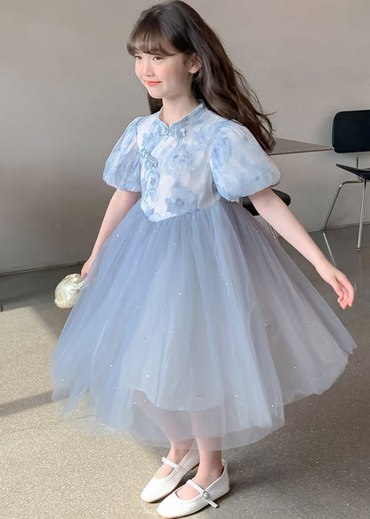 Elegant Blue Stand Collar Print Tulle Patchwork Girls Dress Summer TT038 WS-JRTZSDGL240817