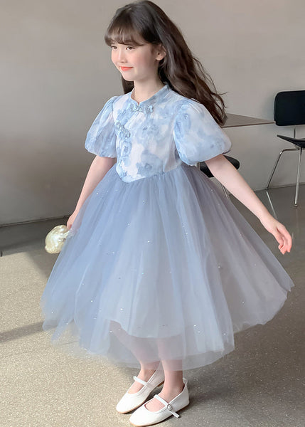 Elegant Blue Stand Collar Print Tulle Patchwork Girls Dress Summer TT038 WS-JRTZSDGL240817