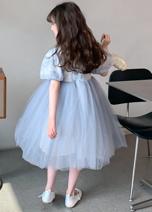 Elegant Blue Stand Collar Print Tulle Patchwork Girls Dress Summer TT038 WS-JRTZSDGL240817
