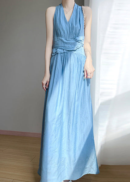Long Dress Cotton High V Neck Elegant Sleeveless Waist Blue FashionChic