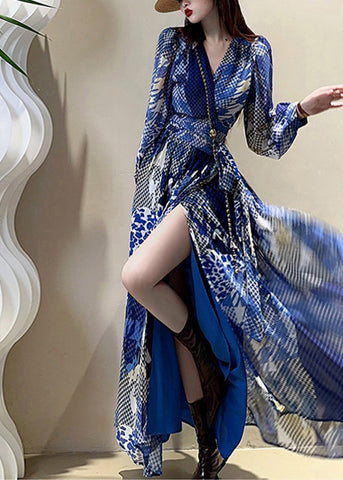 Dress Maxi Sleeve Elegant Print V Lantern Drawstring Blue Neck FashionChic