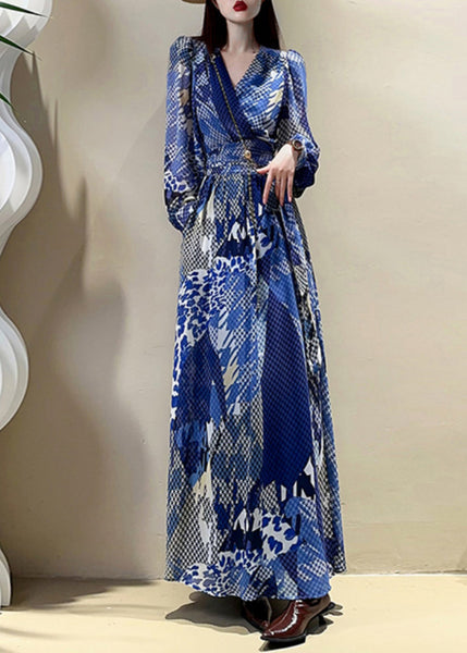 Dress Maxi Sleeve Elegant Print V Lantern Drawstring Blue Neck FashionChic