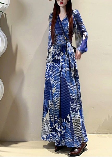 Dress Maxi Sleeve Elegant Print V Lantern Drawstring Blue Neck FashionChic