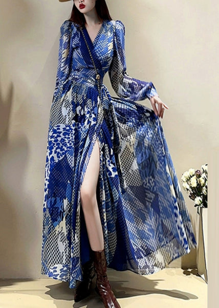 Dress Maxi Sleeve Elegant Print V Lantern Drawstring Blue Neck FashionChic