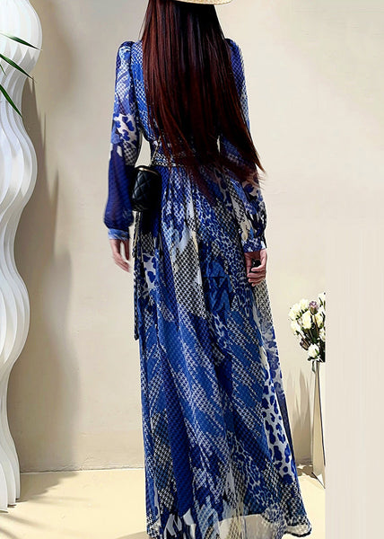 Dress Maxi Sleeve Elegant Print V Lantern Drawstring Blue Neck FashionChic