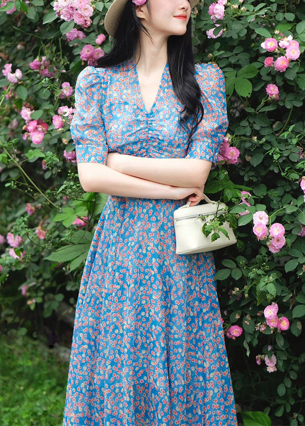 Elegant Blue V Neck Print Pockets Cotton Dress Summer KJ009 ZS-SDL240715