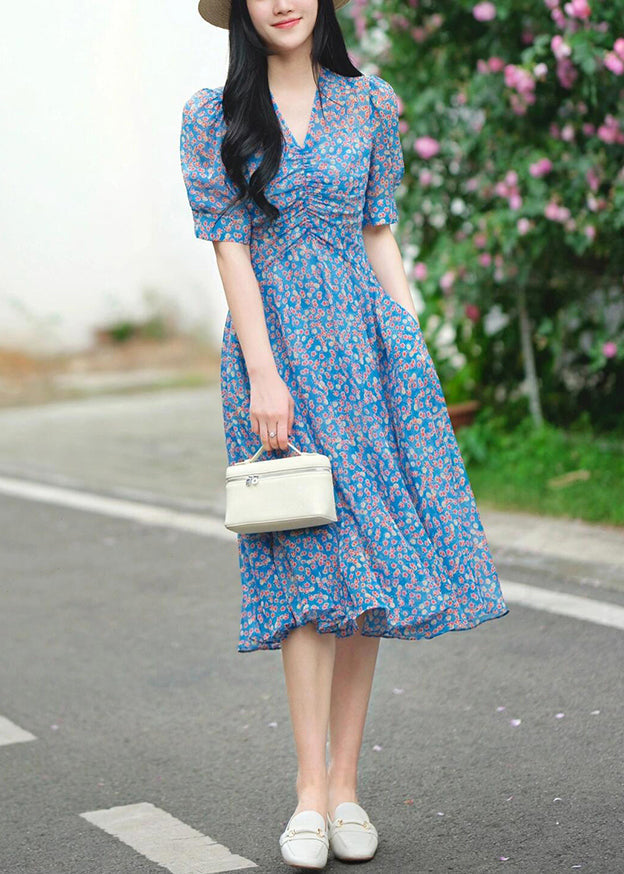 Elegant Blue V Neck Print Pockets Cotton Dress Summer KJ009 ZS-SDL240715