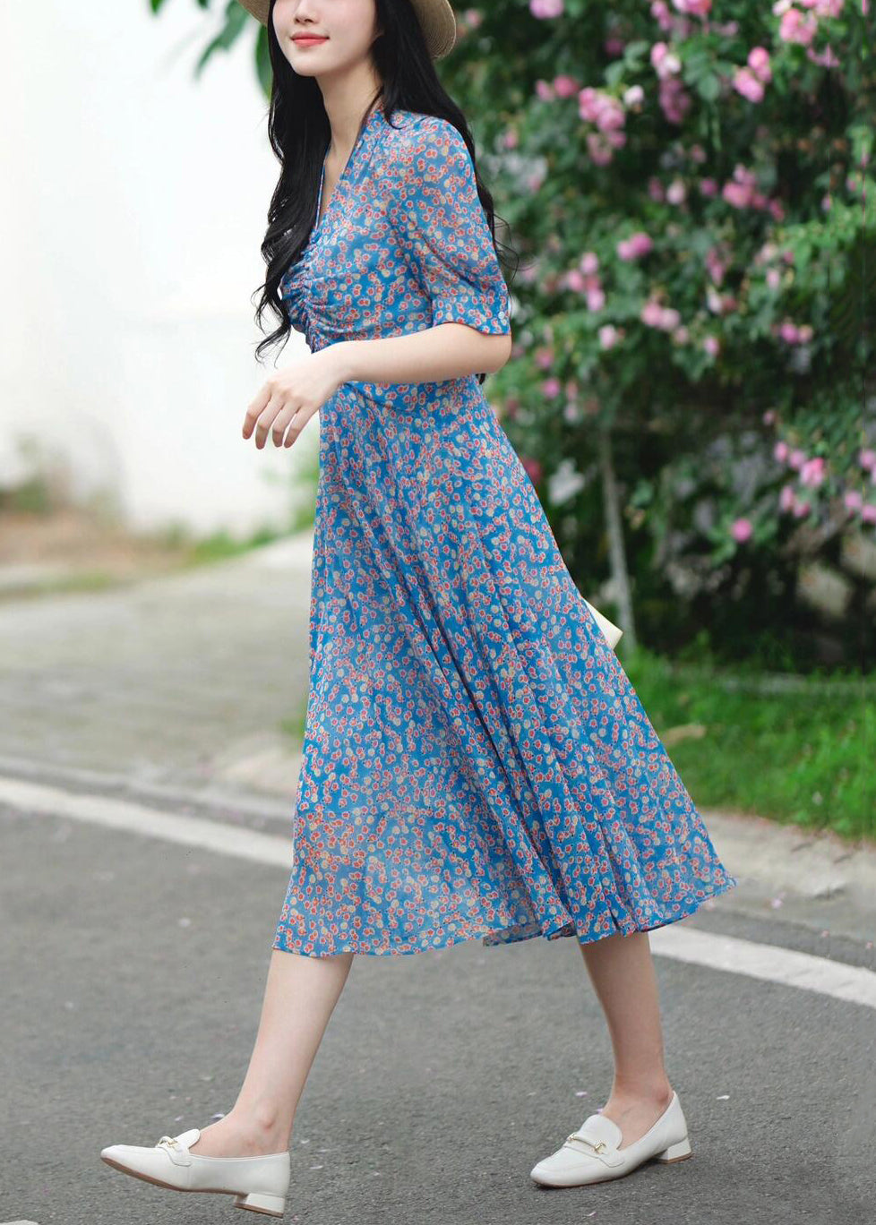 Elegant Blue V Neck Print Pockets Cotton Dress Summer KJ009 ZS-SDL240715