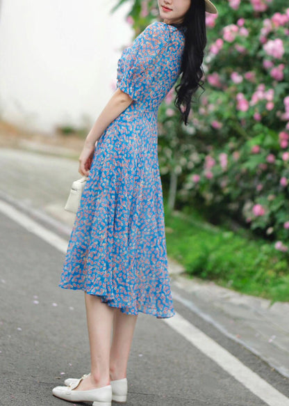 Elegant Blue V Neck Print Pockets Cotton Dress Summer KJ009 ZS-SDL240715