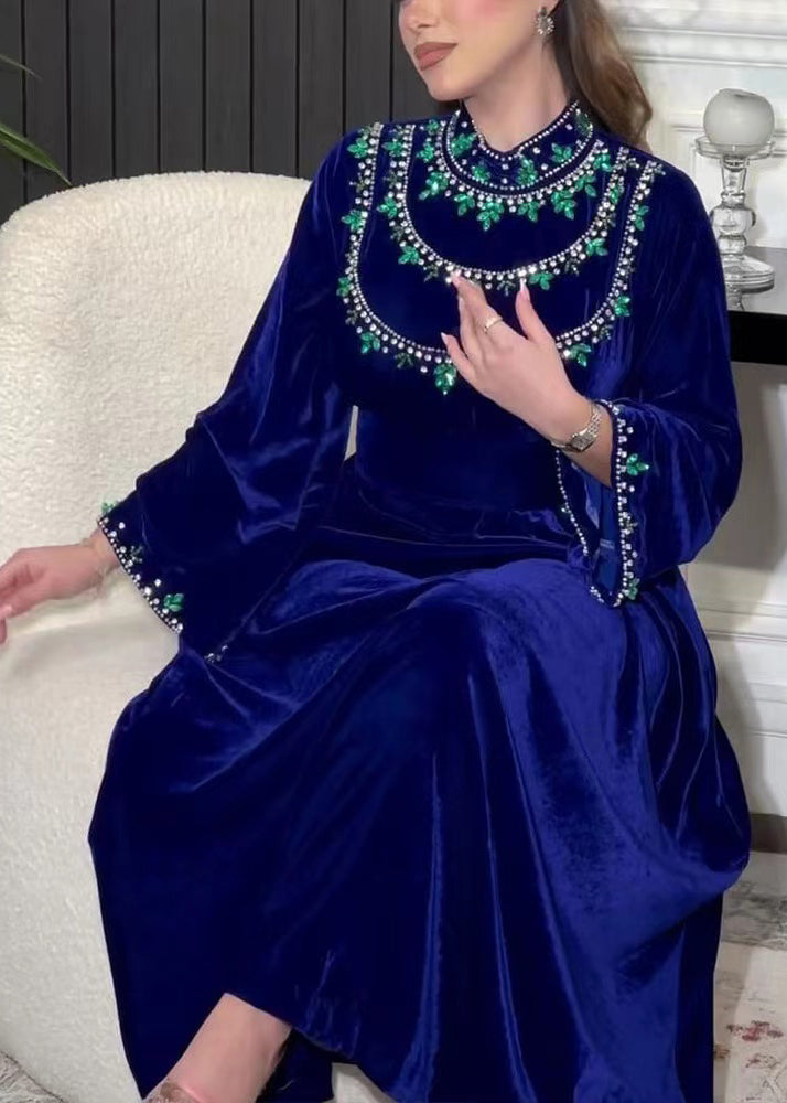 Elegant Blue Zippered Zircon Silk Velvet Long Dress Long Sleeve AA1003 Ada Fashion