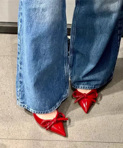 Bow Elegant High Heels Leather Red Splicing Stiletto Faux FashionChic
