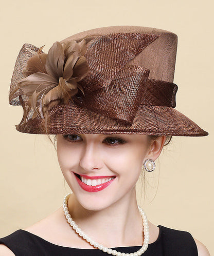 Elegant Brown Bow Feather Linen Bucket Hat YU1009 Hat-HAT240528