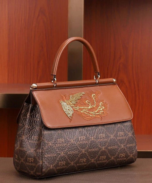 Tote Leather Embroideried Brown Elegant Handbag Calf FashionChic