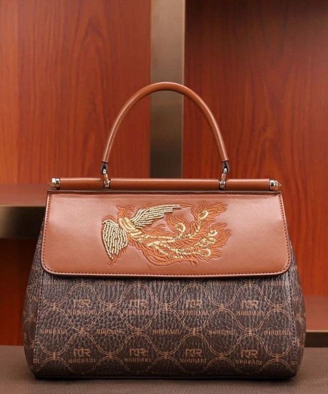 Tote Leather Embroideried Brown Elegant Handbag Calf FashionChic