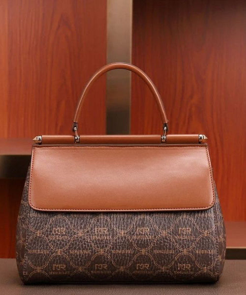 Tote Leather Embroideried Brown Elegant Handbag Calf FashionChic