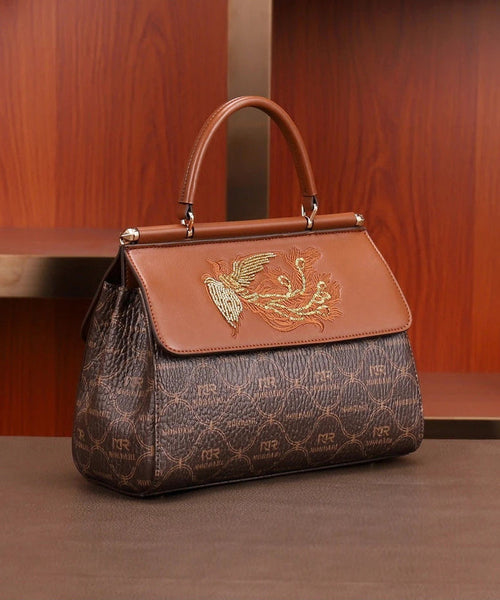 Tote Leather Embroideried Brown Elegant Handbag Calf FashionChic