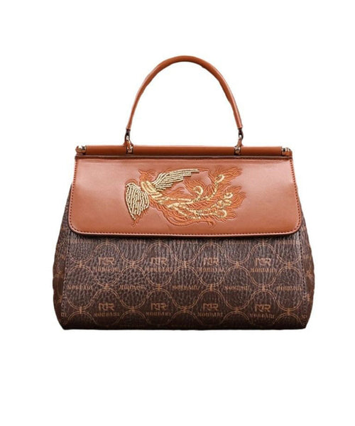 Tote Leather Embroideried Brown Elegant Handbag Calf FashionChic