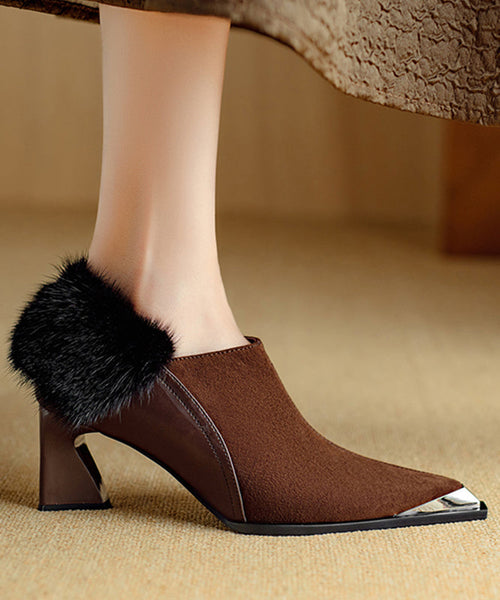 Elegant Brown High Heels Chunky Suede Splicing Fuzzy Fur RS009 ABC