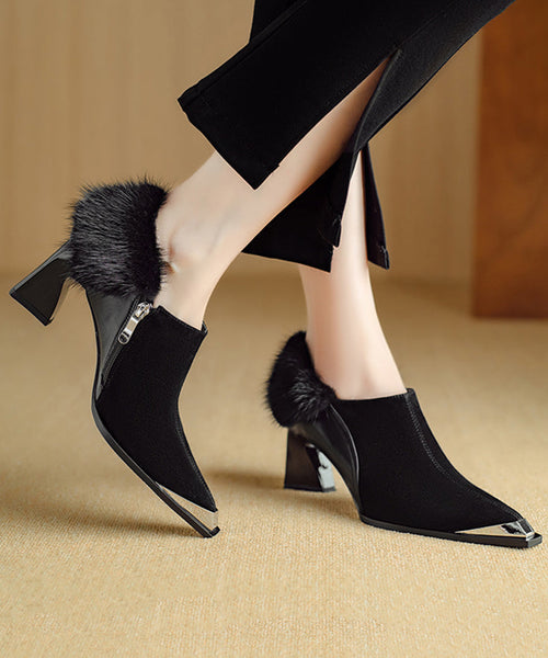 Elegant Brown High Heels Chunky Suede Splicing Fuzzy Fur RS009 ABC