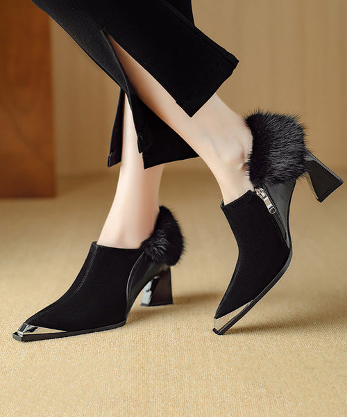 Elegant Brown High Heels Chunky Suede Splicing Fuzzy Fur RS009 ABC