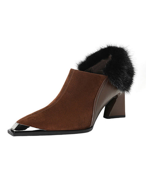 Elegant Brown High Heels Chunky Suede Splicing Fuzzy Fur RS009 ABC
