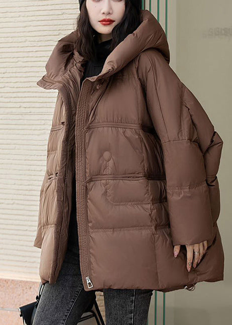 Elegant Brown Oversized Duck Down Hooded Coats Winter MZF-DJK250315