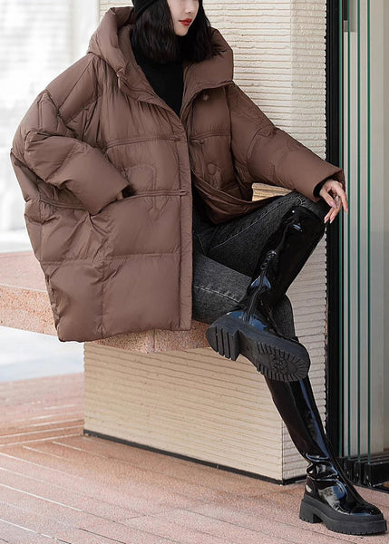 Elegant Brown Oversized Duck Down Hooded Coats Winter MZF-DJK250315