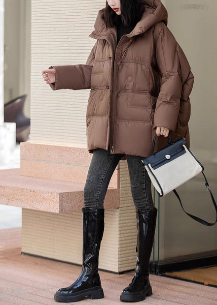 Elegant Brown Oversized Duck Down Hooded Coats Winter MZF-DJK250315