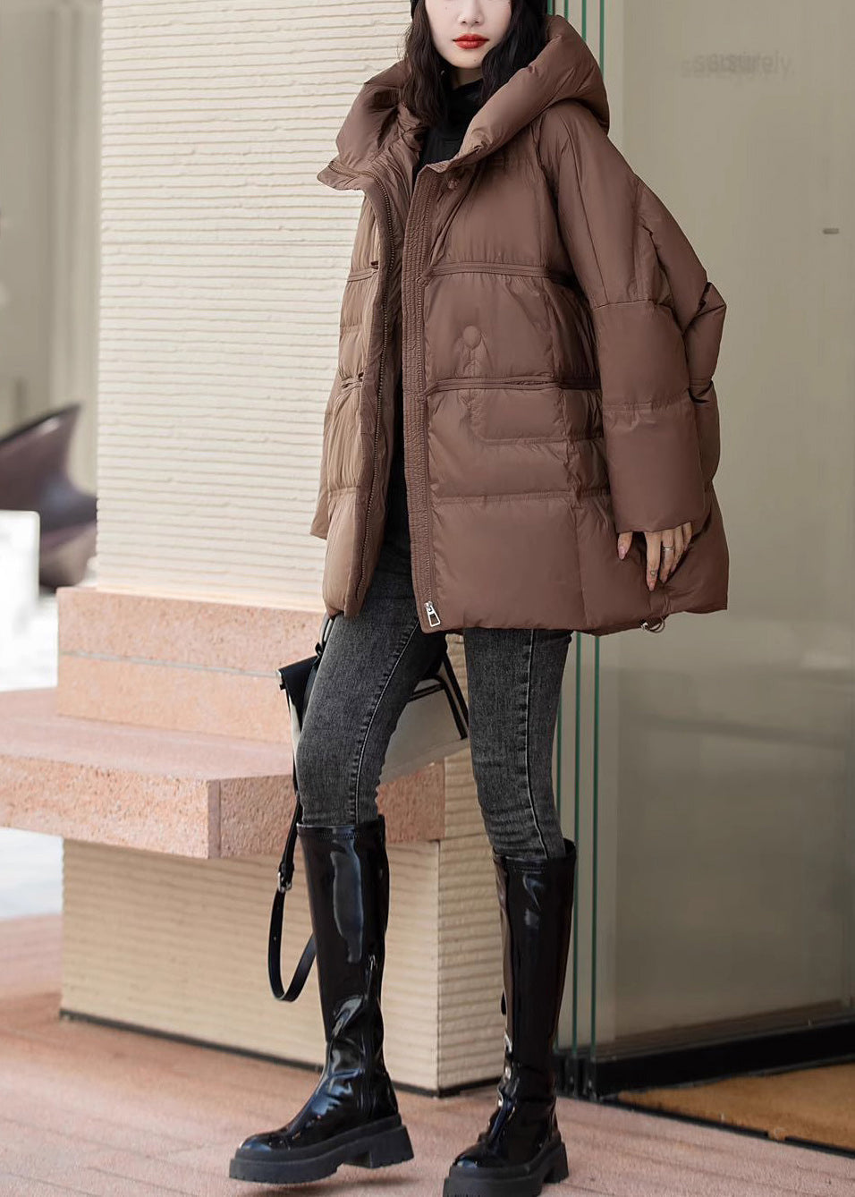 Elegant Brown Oversized Duck Down Hooded Coats Winter MZF-DJK250315