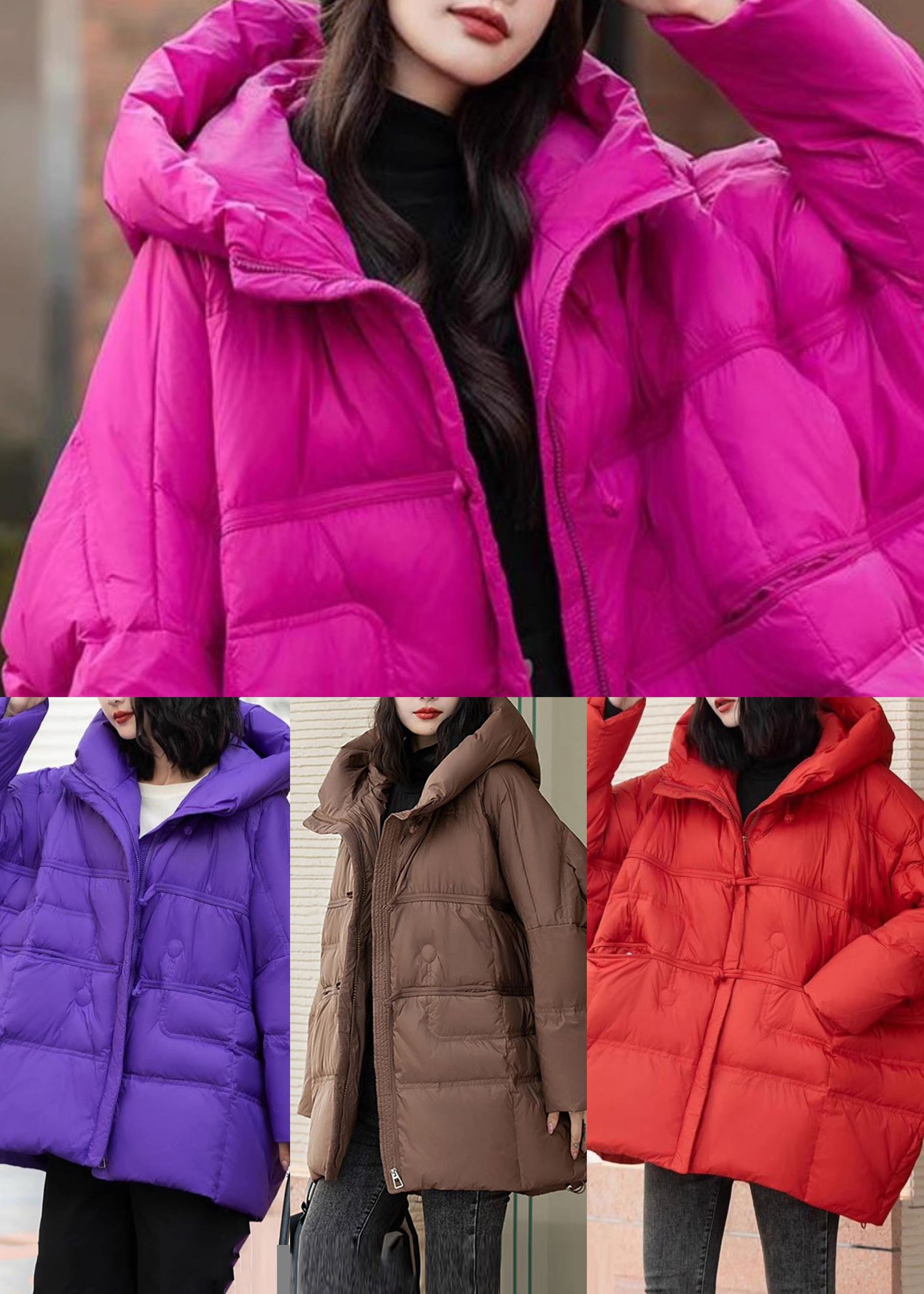 Elegant Brown Oversized Duck Down Hooded Coats Winter MZF-DJK250315