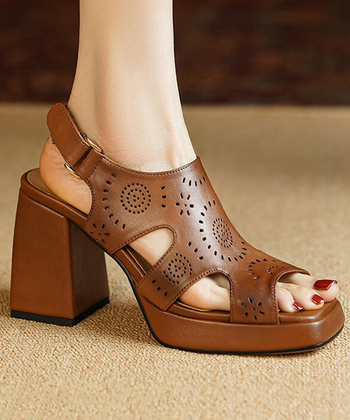 Elegant Brown Peep Toe Hollow Out Cowhide Leather Platform Chunky Sandals RT1073 Ada Fashion